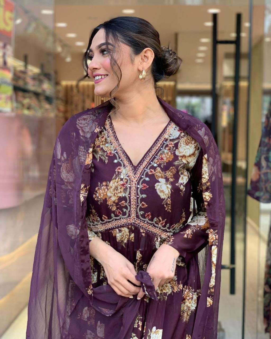 Maroon Floral Georgette Anarkali Kurti with Chinnon Dupatta