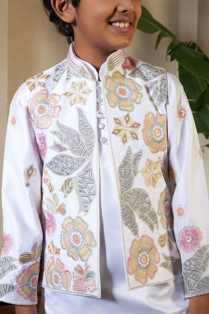 White Pure Satin Silk Kids Boy Kurta Pajama With Koti Jacket 