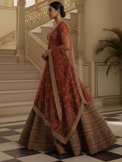 Orange Pure Soft Gadhwal Silk Heavy Embroidery Work Bridal Lehenga