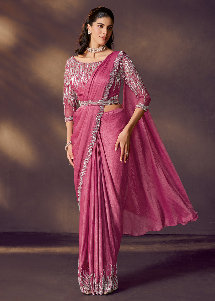 Pink Pure Soft Crush Satin Silk Ready to Wear Saree