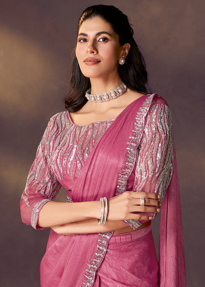 Pink Pure Soft Crush Satin Silk Ready to Wear Saree