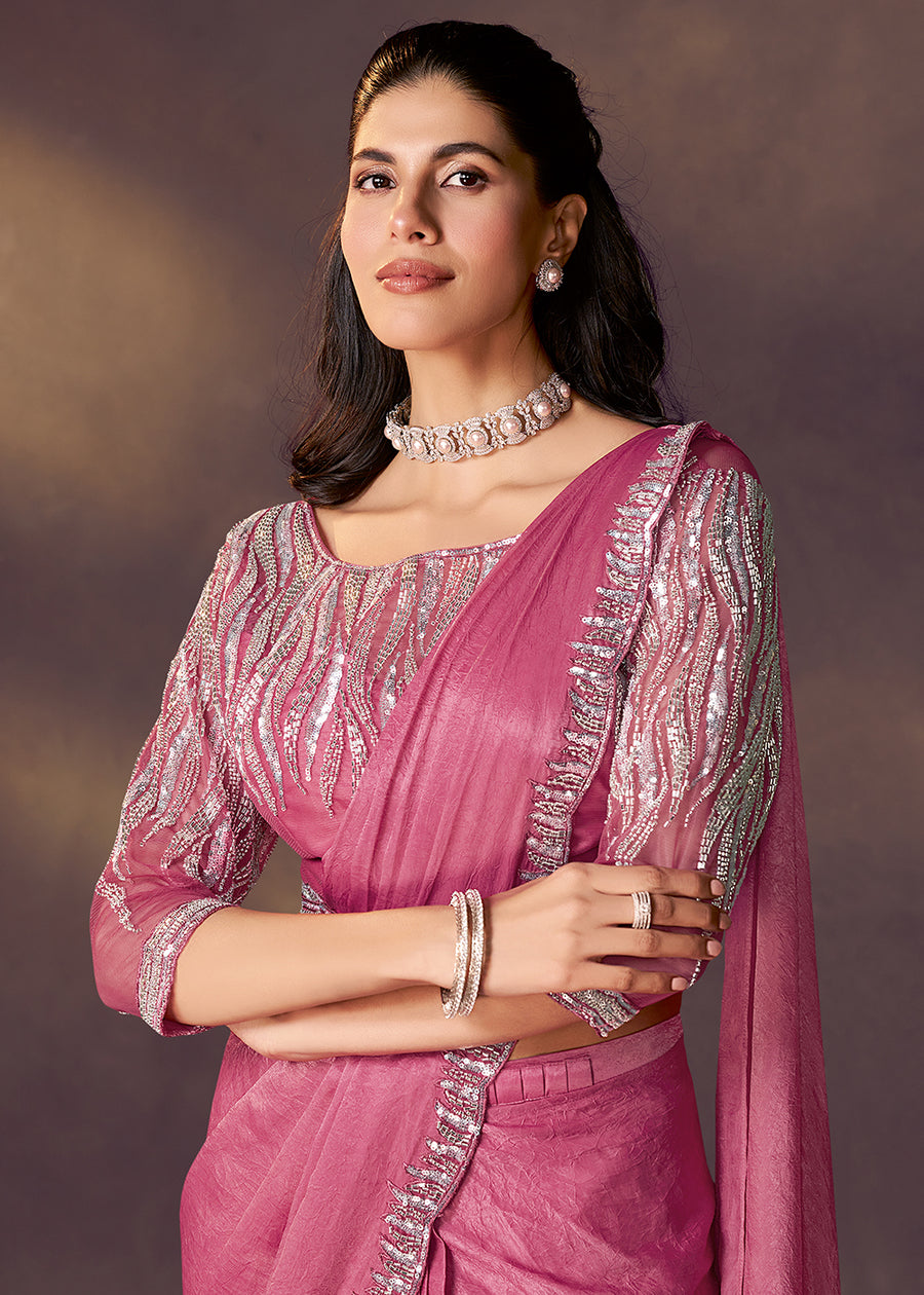 Pink Pure Soft Crush Satin Silk Ready to Wear Saree