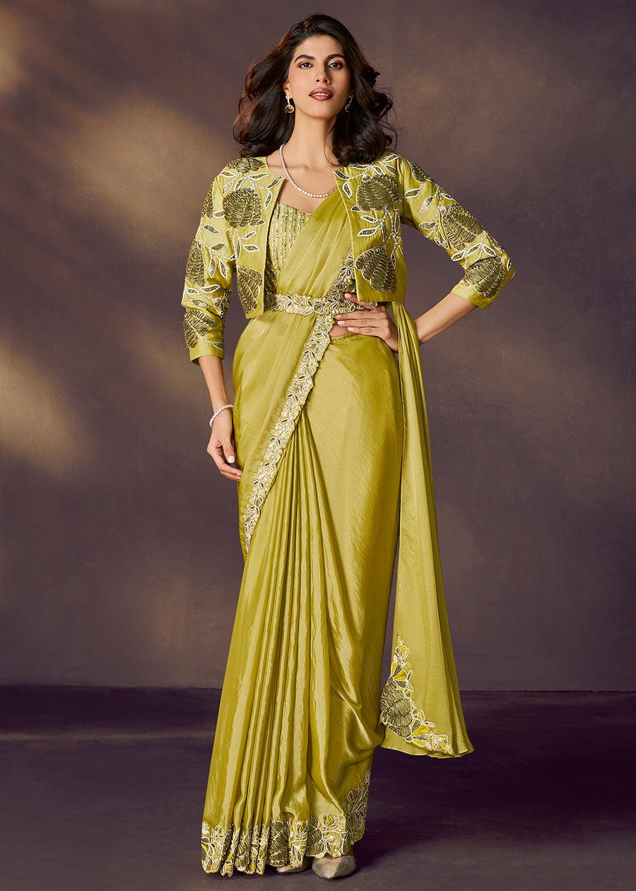 Lemon Pure Soft Crush Satin Silk Ready to Wear Saree 