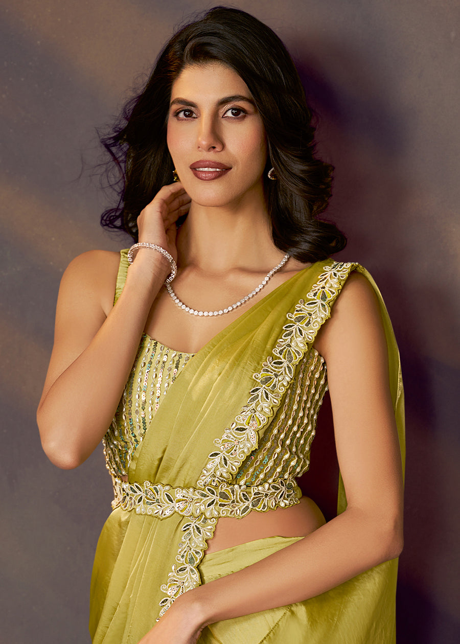 Lemon Pure Soft Crush Satin Silk Ready to Wear Saree ##color## Ready to Wear Saree with premium fabric and embroidery