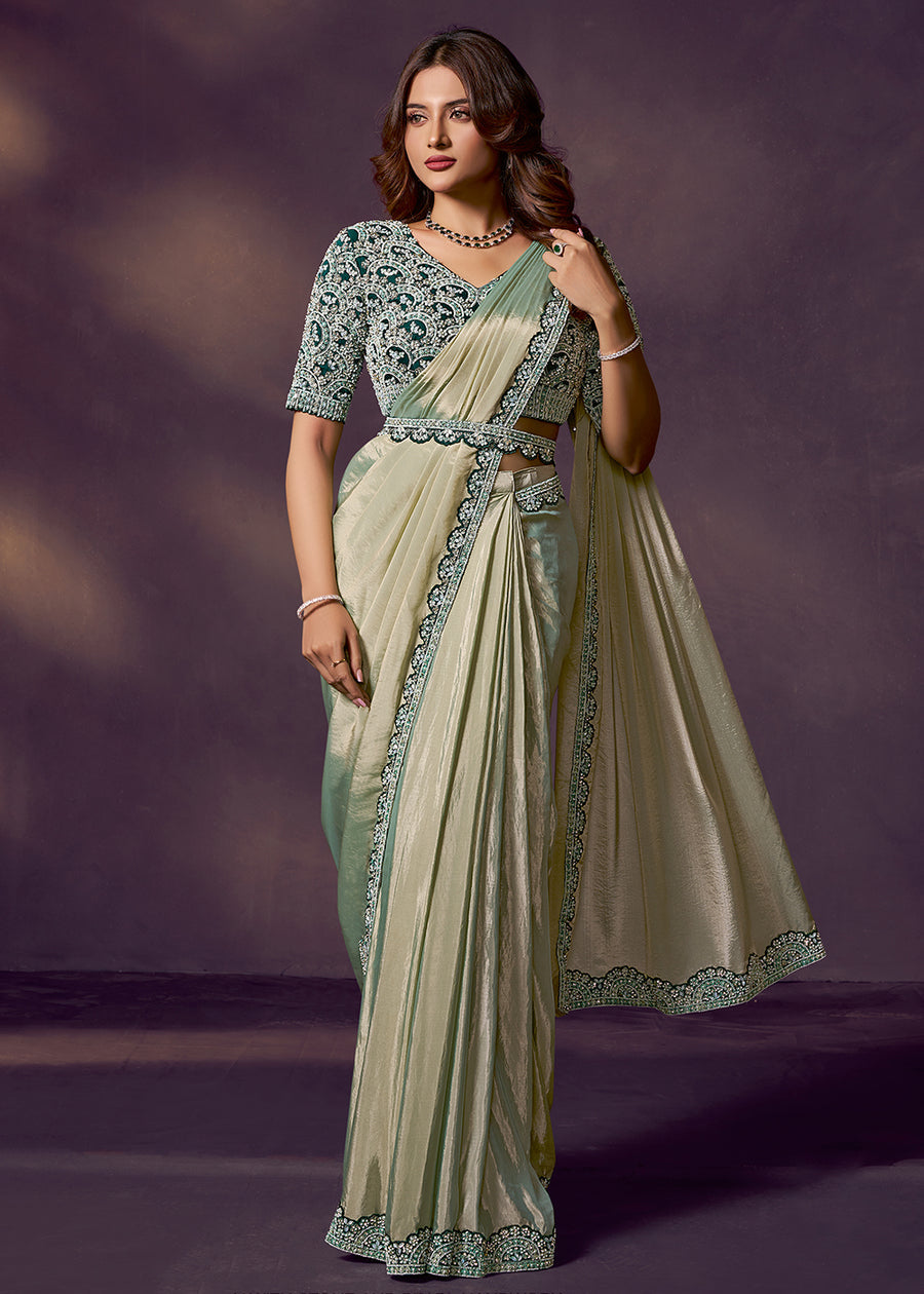Sage Green Pure Soft Crush Satin Silk Ready to Wear Saree ##color## Ready to Wear Saree with premium fabric and embroidery