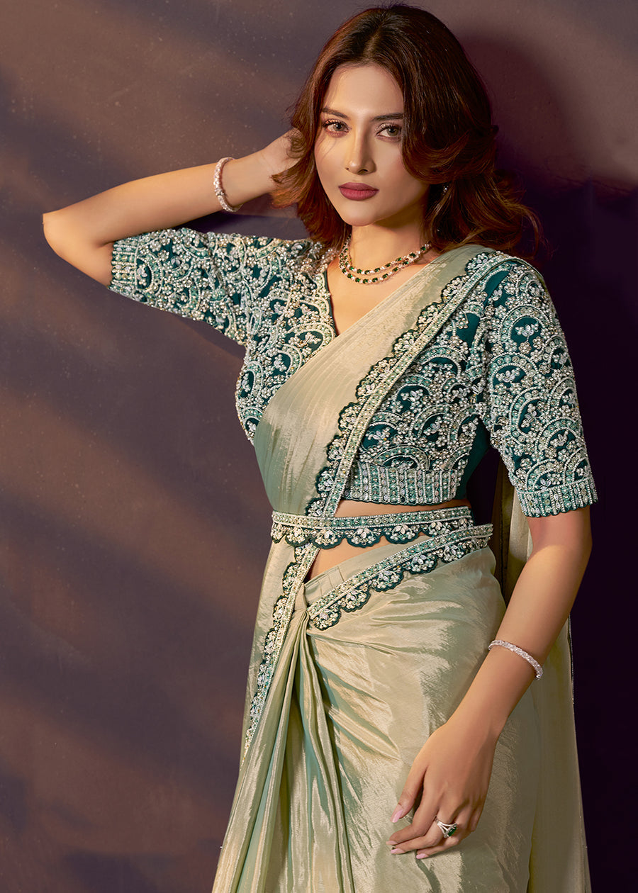 Sage Green Pure Soft Crush Satin Silk Ready to Wear Saree 