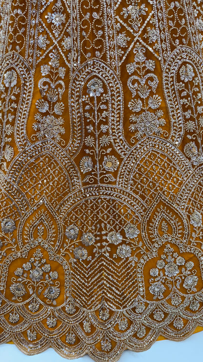 Rust Pure Heavy Net Motif Handwork Zari Sequins Work Bridal Lehenga Choli
