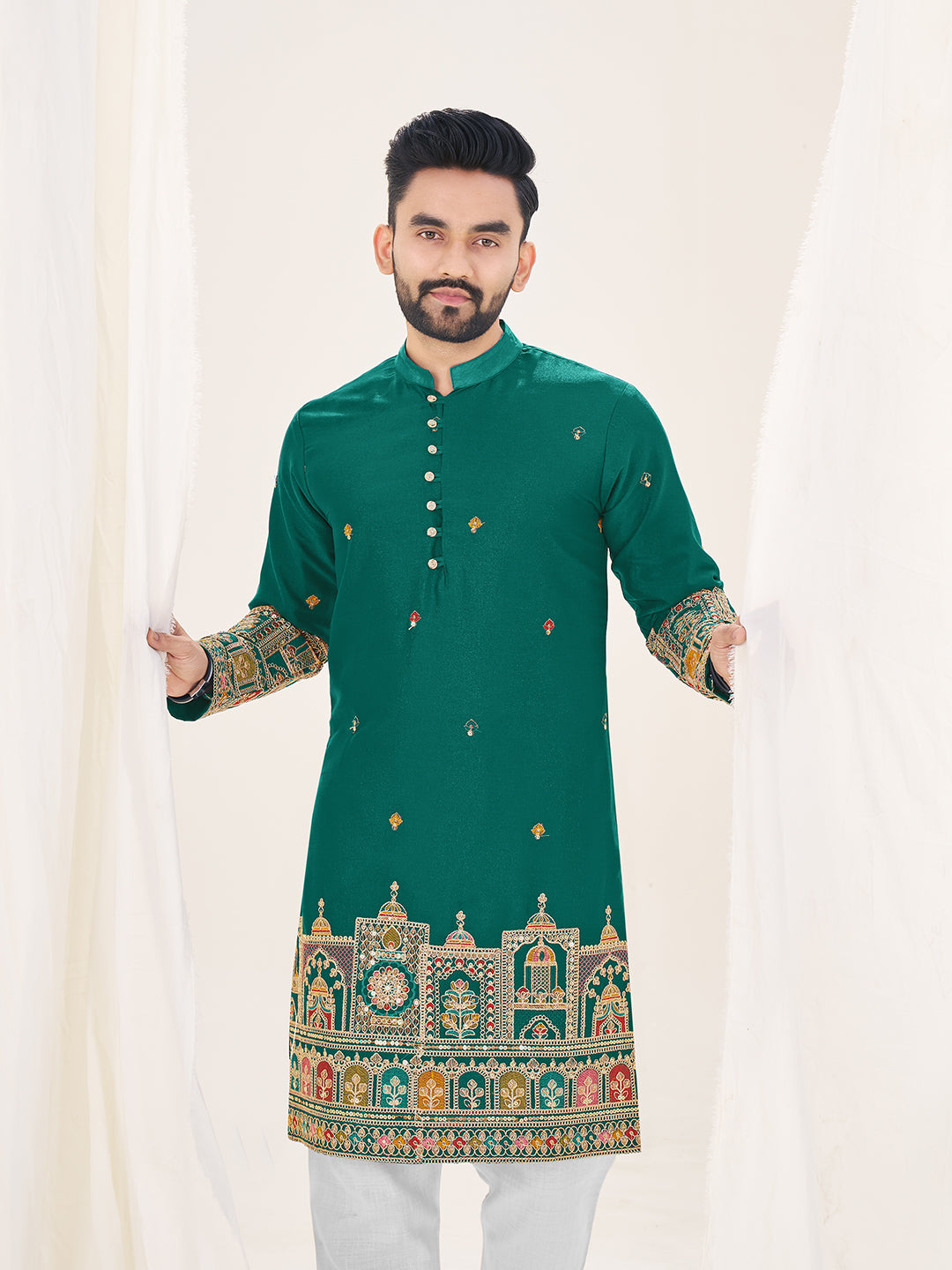 Green Pure Soft Georgette Cranchi Silk Heavy Embroidery Work Kurta Pajama Kurta Pajama Anant Tex Exports Pvt.Ltd..