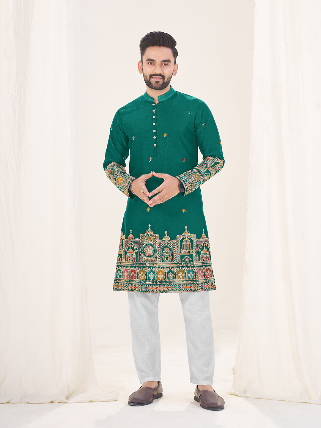 Green Pure Soft Georgette Cranchi Silk Heavy Embroidery Work Kurta Pajama Kurta Pajama Anant Tex Exports Pvt.Ltd..