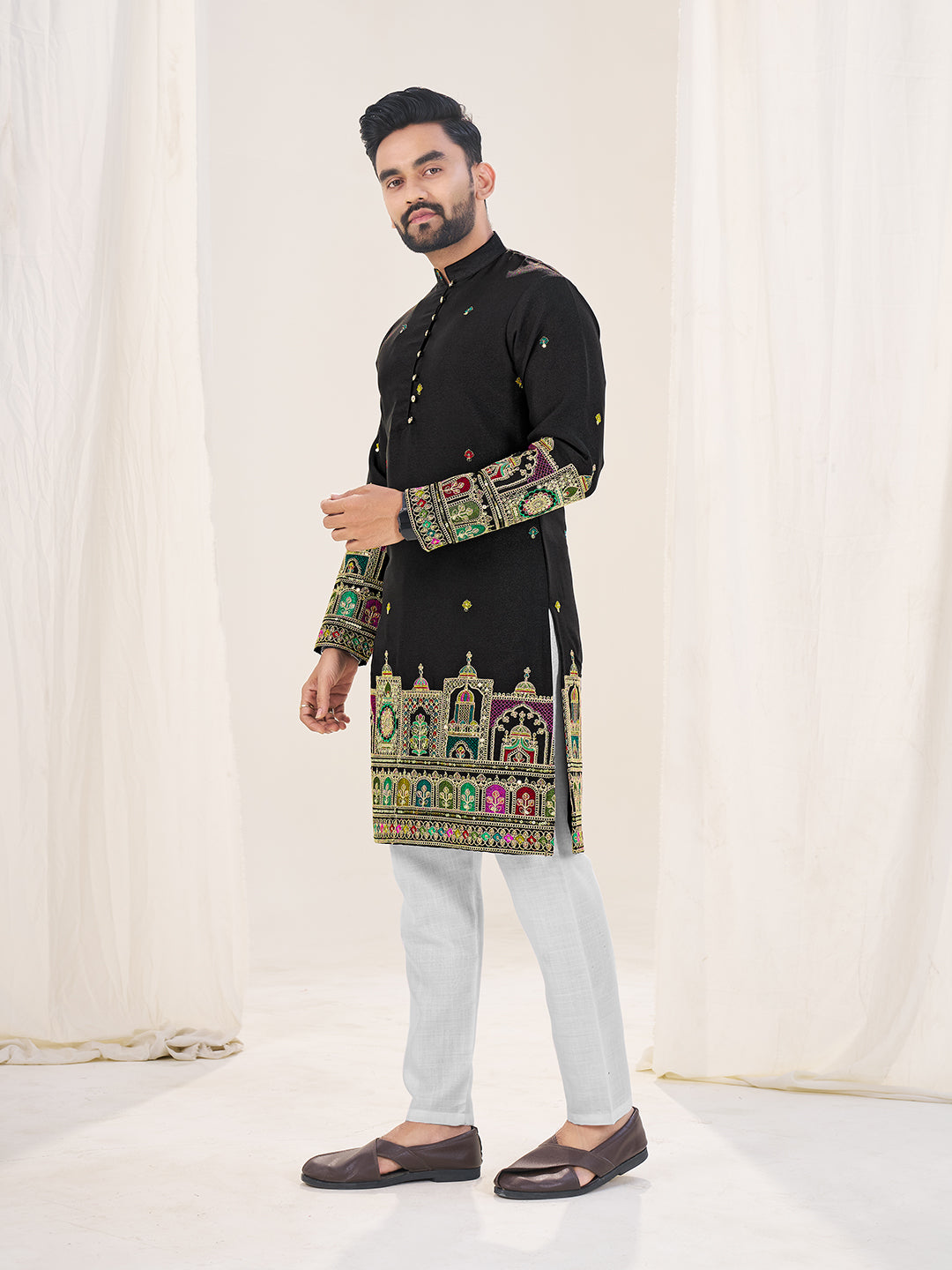 Black Pure Soft Georgette Cranchi Silk Heavy Embroidery Work Kurta Pajama