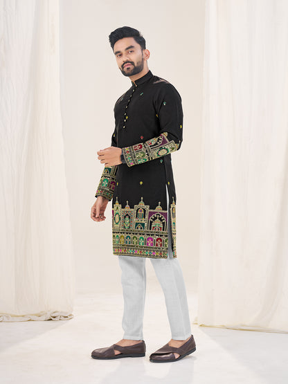 Black Pure Soft Georgette Cranchi Silk Heavy Embroidery Work Kurta Pajama Kurta Pajama Anant Tex Exports Pvt.Ltd..