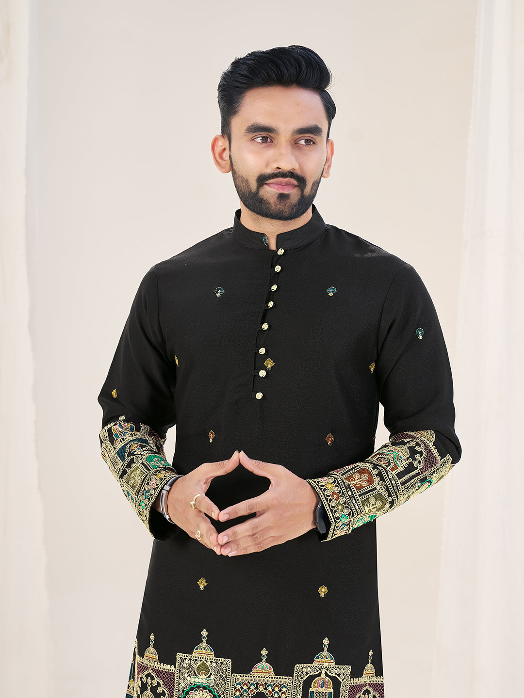 Black Pure Soft Georgette Cranchi Silk Heavy Embroidery Work Kurta Pajama Kurta Pajama Anant Tex Exports Pvt.Ltd..