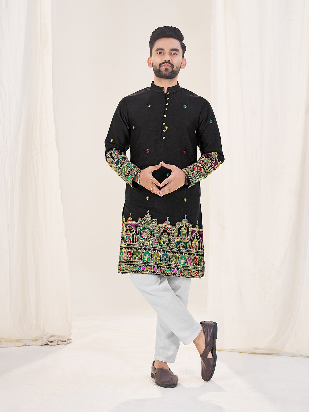 Black Pure Soft Georgette Cranchi Silk Heavy Embroidery Work Kurta Pajama