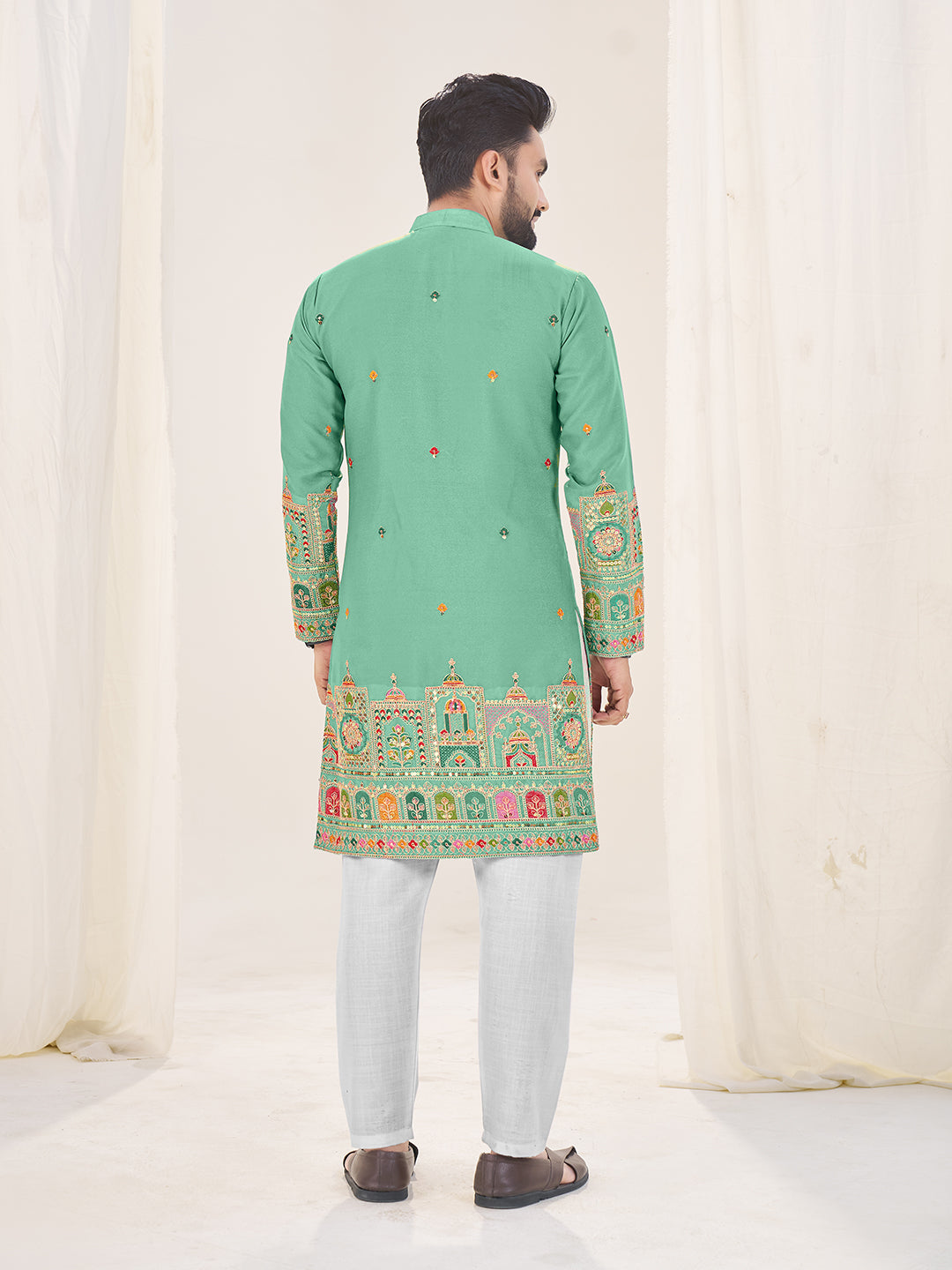 Sea Green Pure Soft Georgette Cranchi Silk Heavy Embroidery Work Kurta Pajama Kurta Pajama Anant Tex Exports Pvt.Ltd..