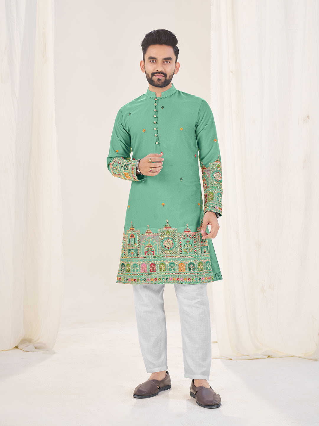Sea Green Pure Soft Georgette Cranchi Silk Heavy Embroidery Work Kurta Pajama