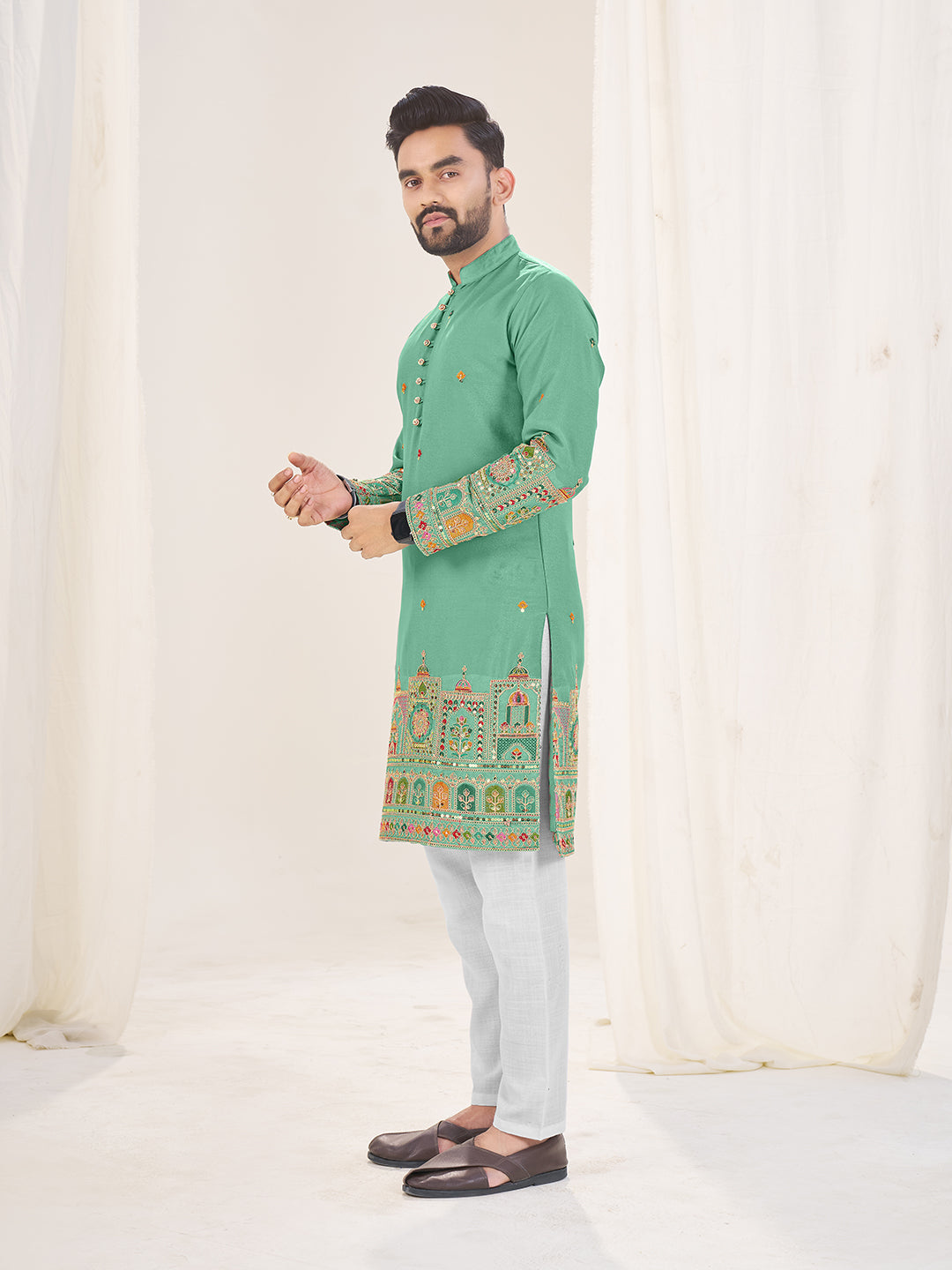 Sea Green Pure Soft Georgette Cranchi Silk Heavy Embroidery Work Kurta Pajama