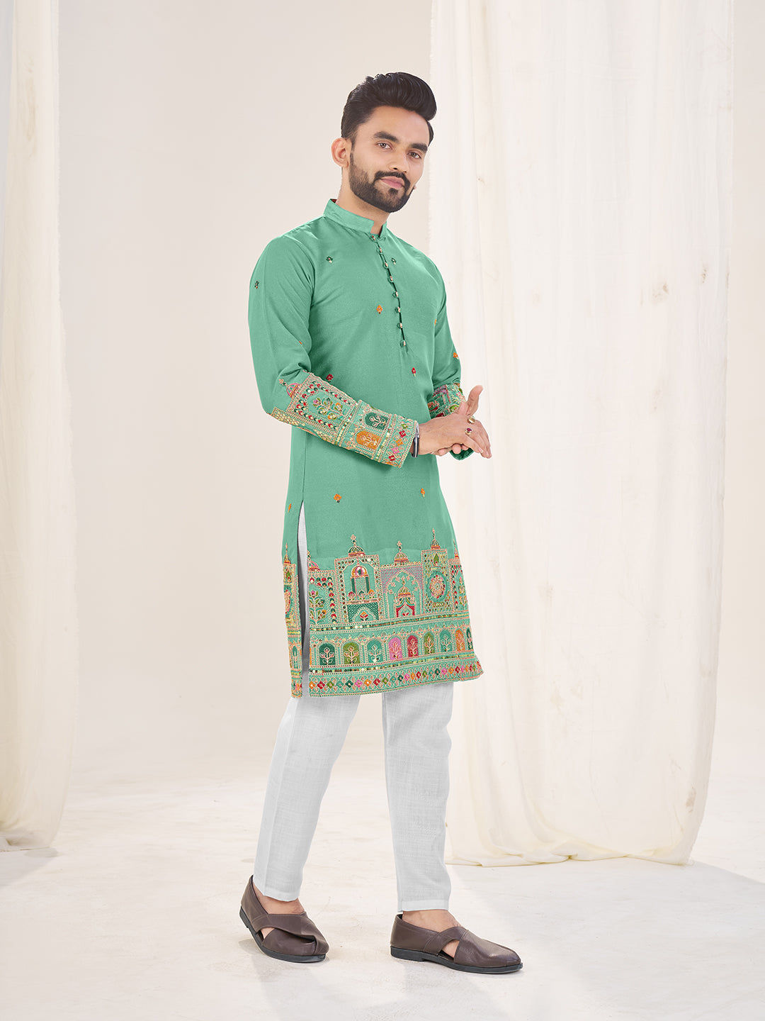 Sea Green Pure Soft Georgette Cranchi Silk Heavy Embroidery Work Kurta Pajama