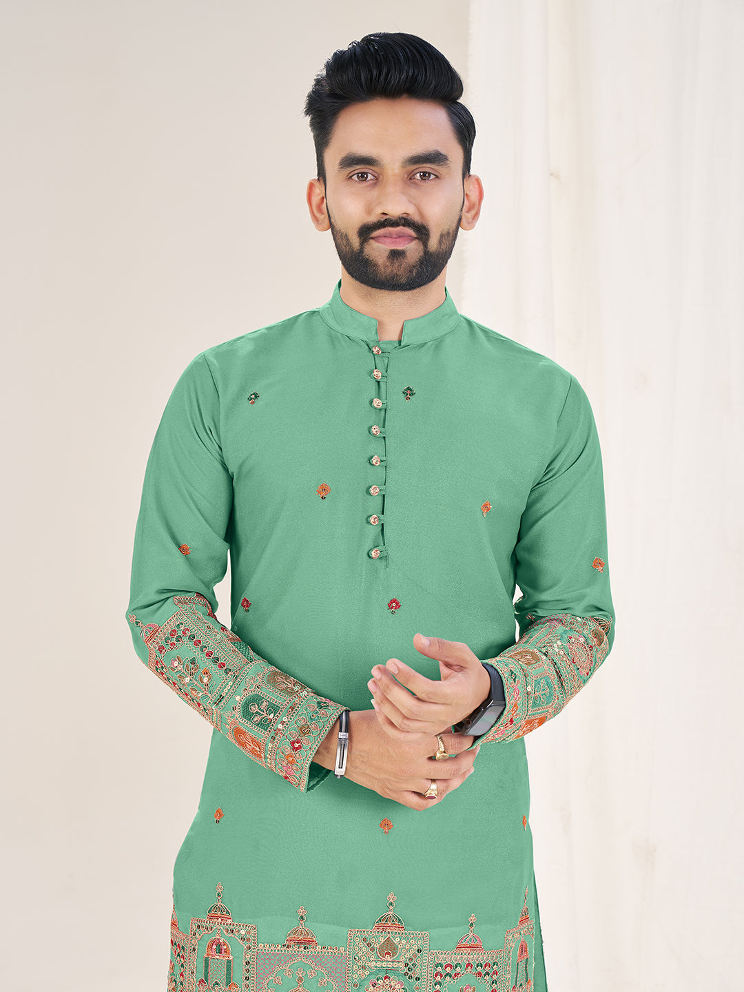Sea Green Pure Soft Georgette Cranchi Silk Heavy Embroidery Work Kurta Pajama Kurta Pajama Anant Tex Exports Pvt.Ltd..