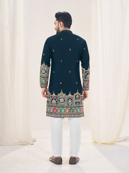 Navy Blue Pure Soft Georgette Cranchi Silk Heavy Embroidery Work Kurta Pajama Kurta Pajama Anant Tex Exports Pvt.Ltd..