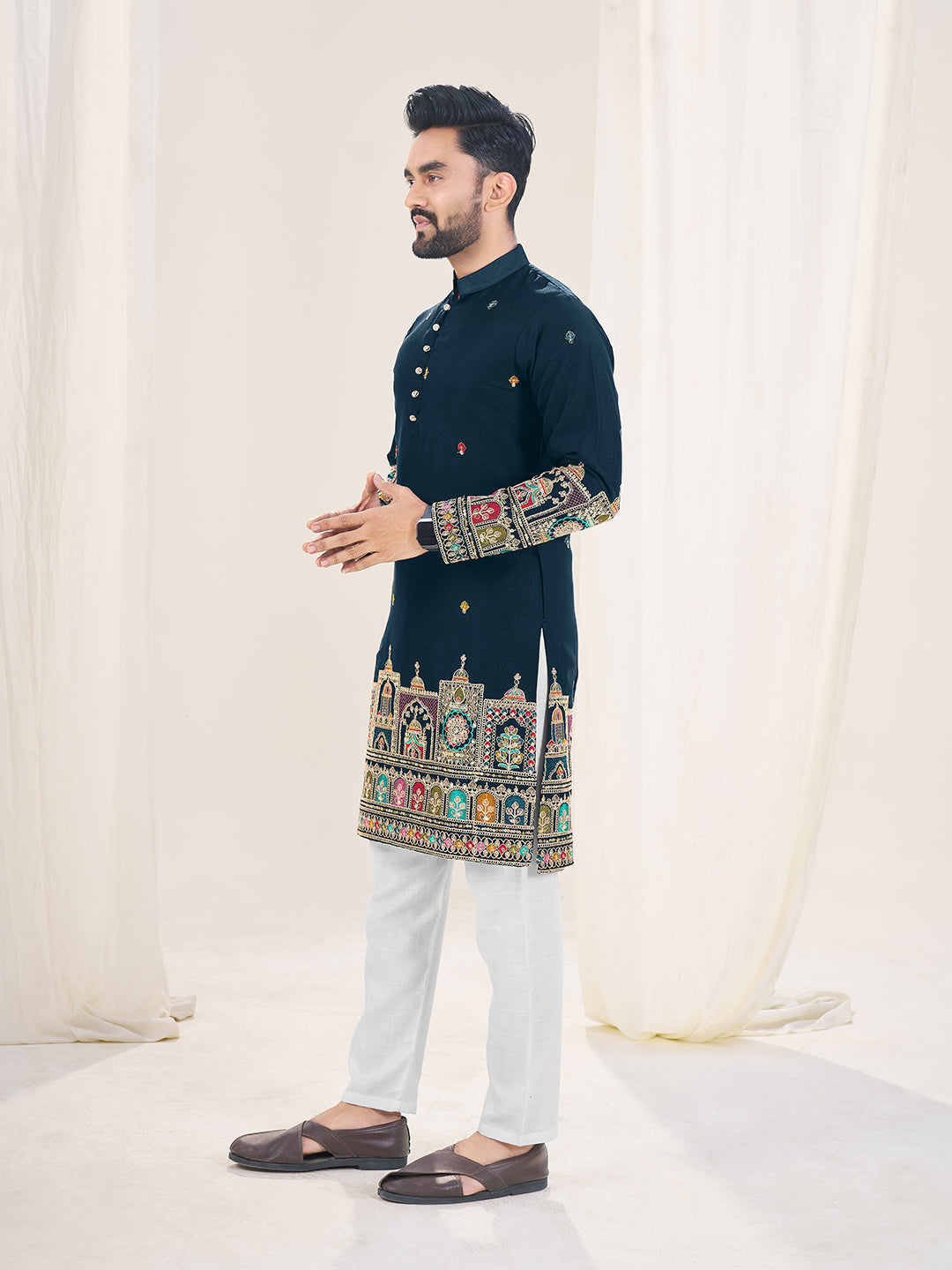 Navy Blue Pure Soft Georgette Cranchi Silk Heavy Embroidery Work Kurta Pajama