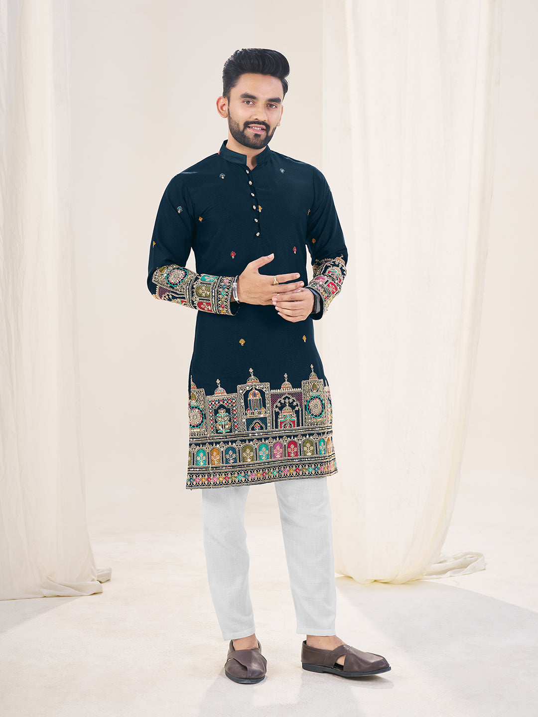 Navy Blue Pure Soft Georgette Cranchi Silk Heavy Embroidery Work Kurta Pajama Kurta Pajama Anant Tex Exports Pvt.Ltd..
