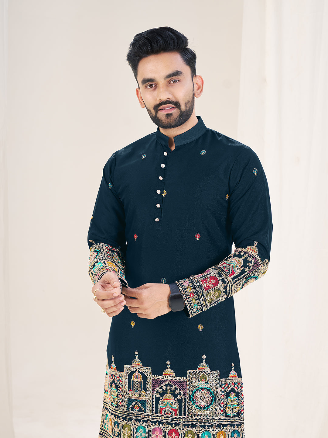 Navy Blue Pure Soft Georgette Cranchi Silk Heavy Embroidery Work Kurta Pajama Kurta Pajama Anant Tex Exports Pvt.Ltd..