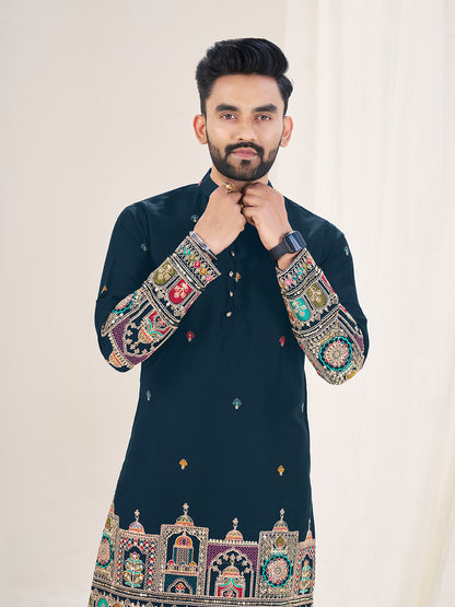 Navy Blue Pure Soft Georgette Cranchi Silk Heavy Embroidery Work Kurta Pajama Kurta Pajama Anant Tex Exports Pvt.Ltd..