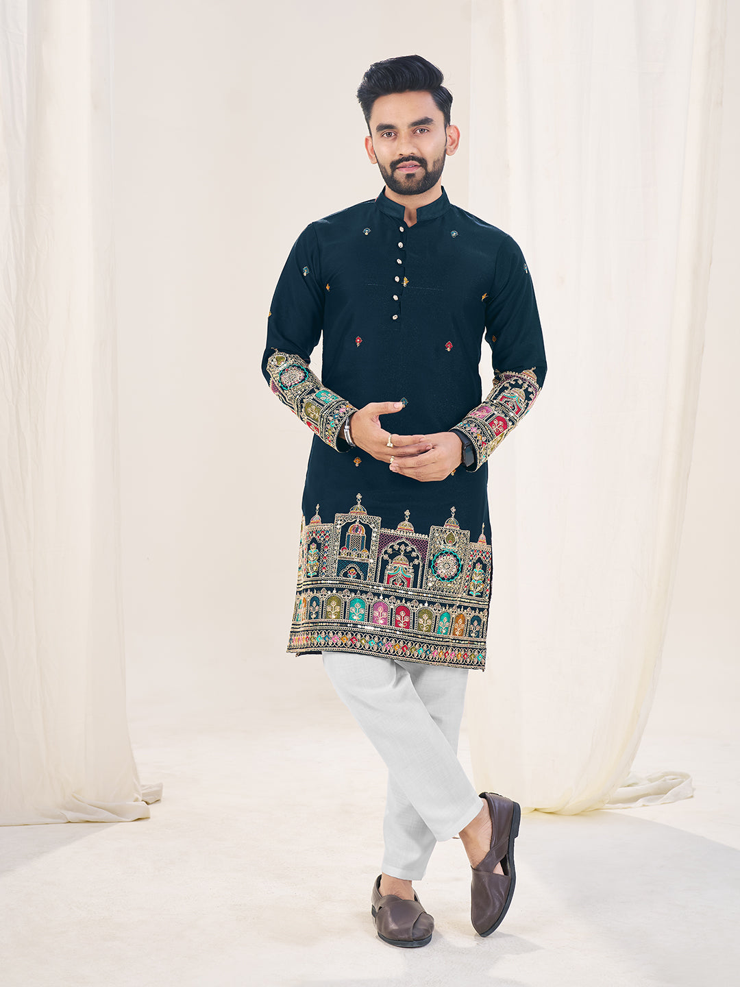 Navy Blue Pure Soft Georgette Cranchi Silk Heavy Embroidery Work Kurta Pajama Kurta Pajama Anant Tex Exports Pvt.Ltd..