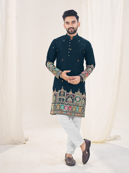 Navy Blue Pure Soft Georgette Cranchi Silk Heavy Embroidery Work Kurta Pajama Kurta Pajama Anant Tex Exports Pvt.Ltd..