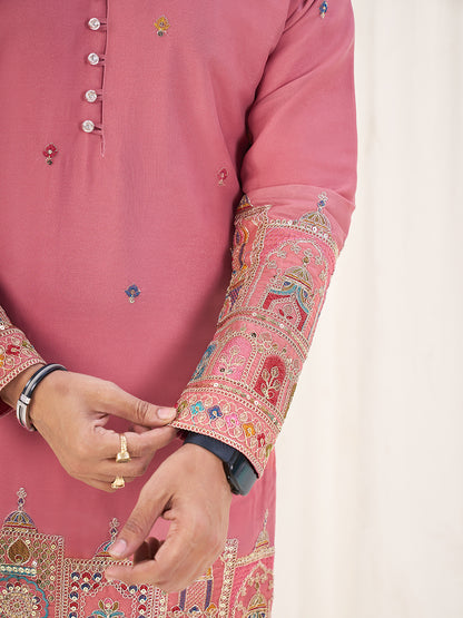 Pink Pure Soft Georgette Cranchi Silk Heavy Embroidery Work Kurta Pajama Kurta Pajama Anant Tex Exports Pvt.Ltd..