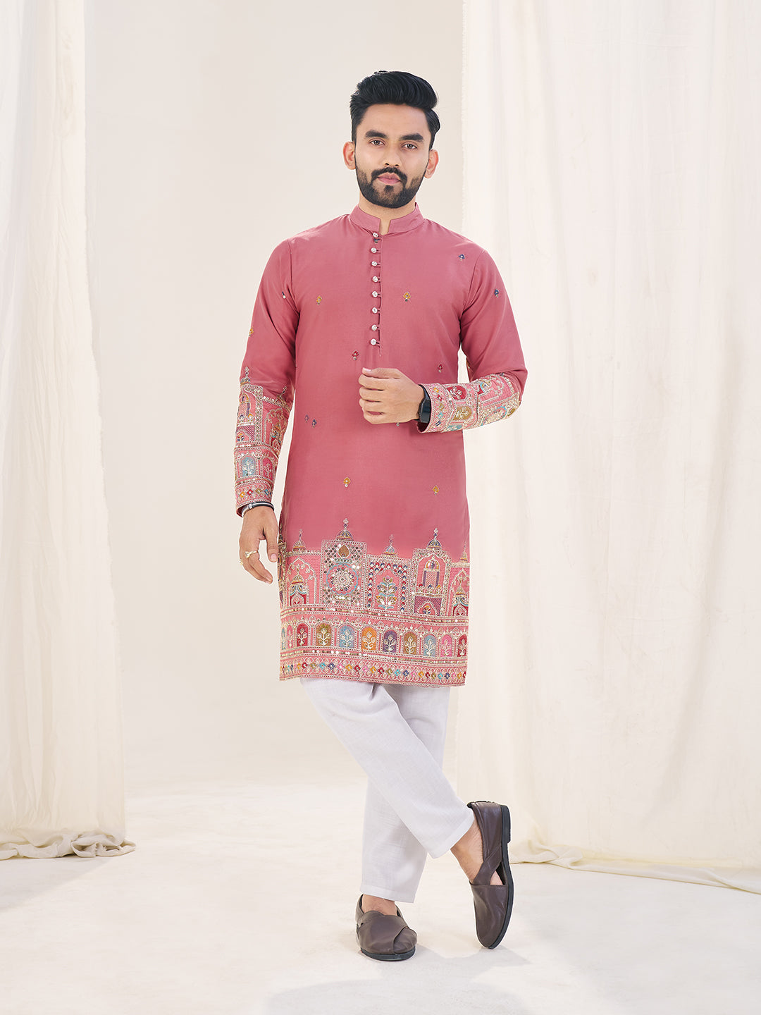 Pink Pure Soft Georgette Cranchi Silk Heavy Embroidery Work Kurta Pajama Kurta Pajama Anant Tex Exports Pvt.Ltd..