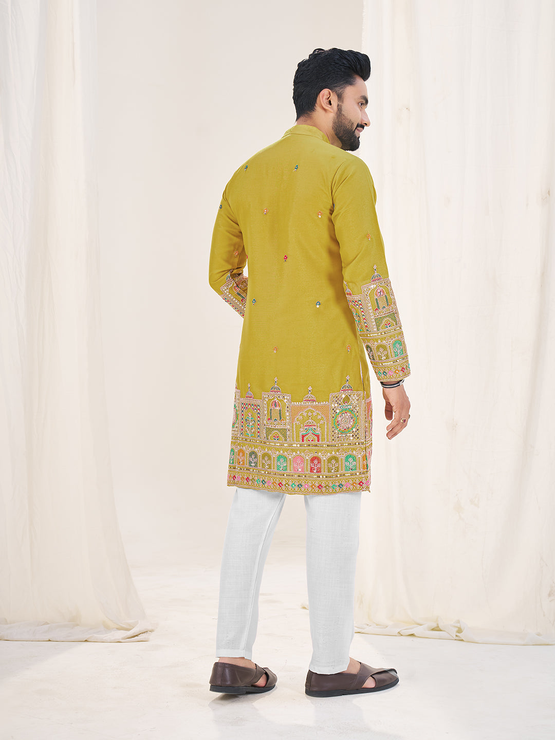 Mustard Pure Soft Georgette Cranchi Silk Heavy Embroidery Work Kurta Pajama Kurta Pajama Anant Tex Exports Pvt.Ltd..