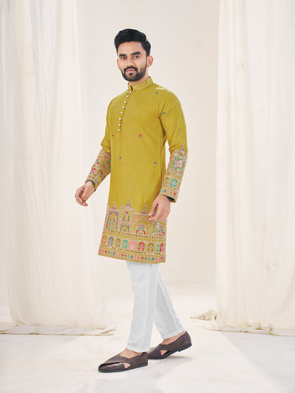 Mustard Pure Soft Georgette Cranchi Silk Heavy Embroidery Work Kurta Pajama Kurta Pajama Anant Tex Exports Pvt.Ltd..