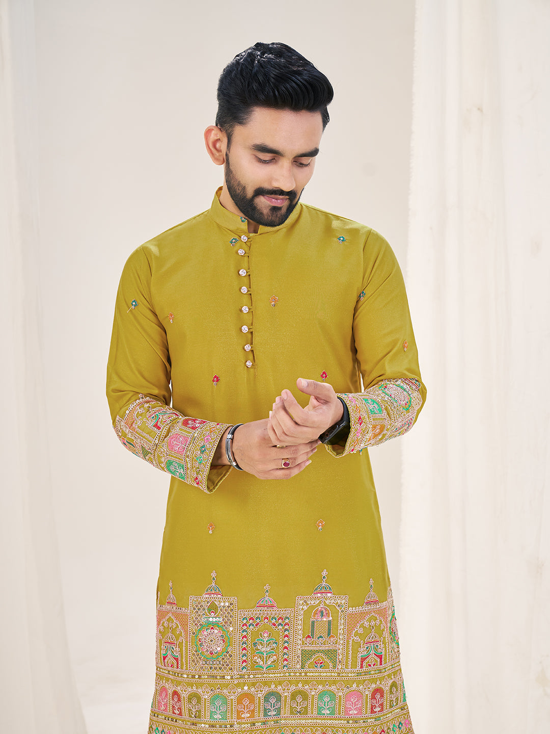 Mustard Pure Soft Georgette Cranchi Silk Heavy Embroidery Work Kurta Pajama Kurta Pajama Anant Tex Exports Pvt.Ltd..