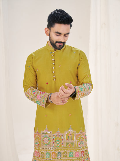 Mustard Pure Soft Georgette Cranchi Silk Heavy Embroidery Work Kurta Pajama Kurta Pajama Anant Tex Exports Pvt.Ltd..