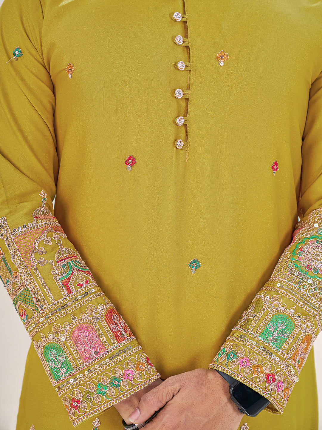 Mustard Pure Soft Georgette Cranchi Silk Heavy Embroidery Work Kurta Pajama Kurta Pajama Anant Tex Exports Pvt.Ltd..