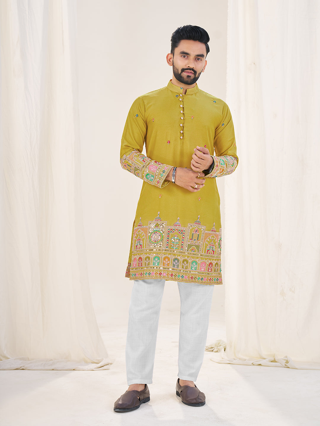 Mustard Pure Soft Georgette Cranchi Silk Heavy Embroidery Work Kurta Pajama Kurta Pajama Anant Tex Exports Pvt.Ltd..