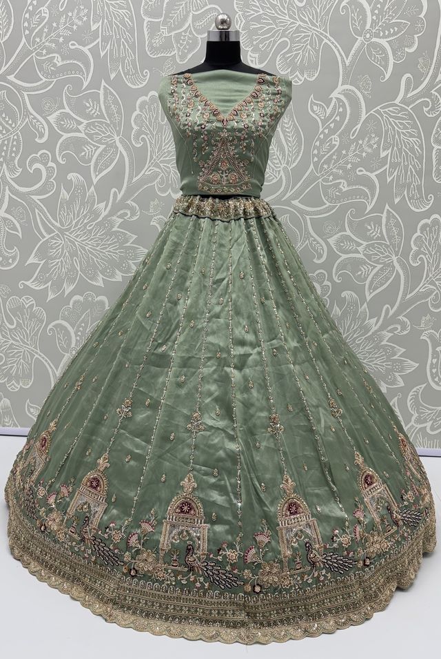 Pista Pure Chandnia Silk Handwork Motif Peacock Pattern Crystal Beads Multi Thread Dori &amp; Sequins Work Bridal Lehenga Choli