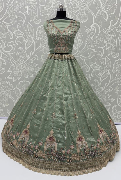 Pista Pure Chandnia Silk Handwork Motif Peacock Pattern Crystal Beads Multi Thread Dori &amp; Sequins Work Bridal Lehenga Choli
