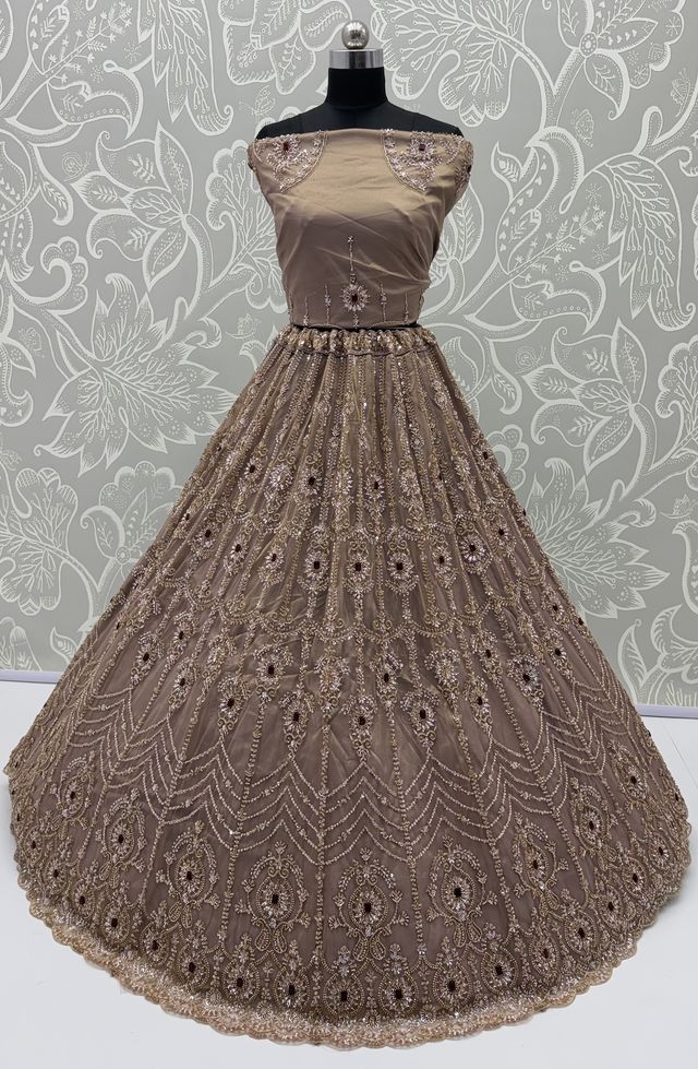 Beige Coppe Pure  Fendi Tussaud Silk Crystal Beads work Multi Thread Dori and Sequins Work Sequins Work Bridal Lehenga Choli