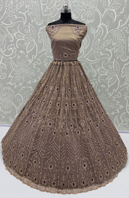 Beige Coppe Pure  Fendi Tussaud Silk Crystal Beads work Multi Thread Dori and Sequins Work Sequins Work Bridal Lehenga Choli