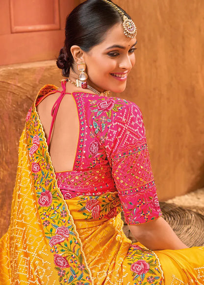 Bridal Wedding Mustard Kacchi Work Banarasi Silk Saree