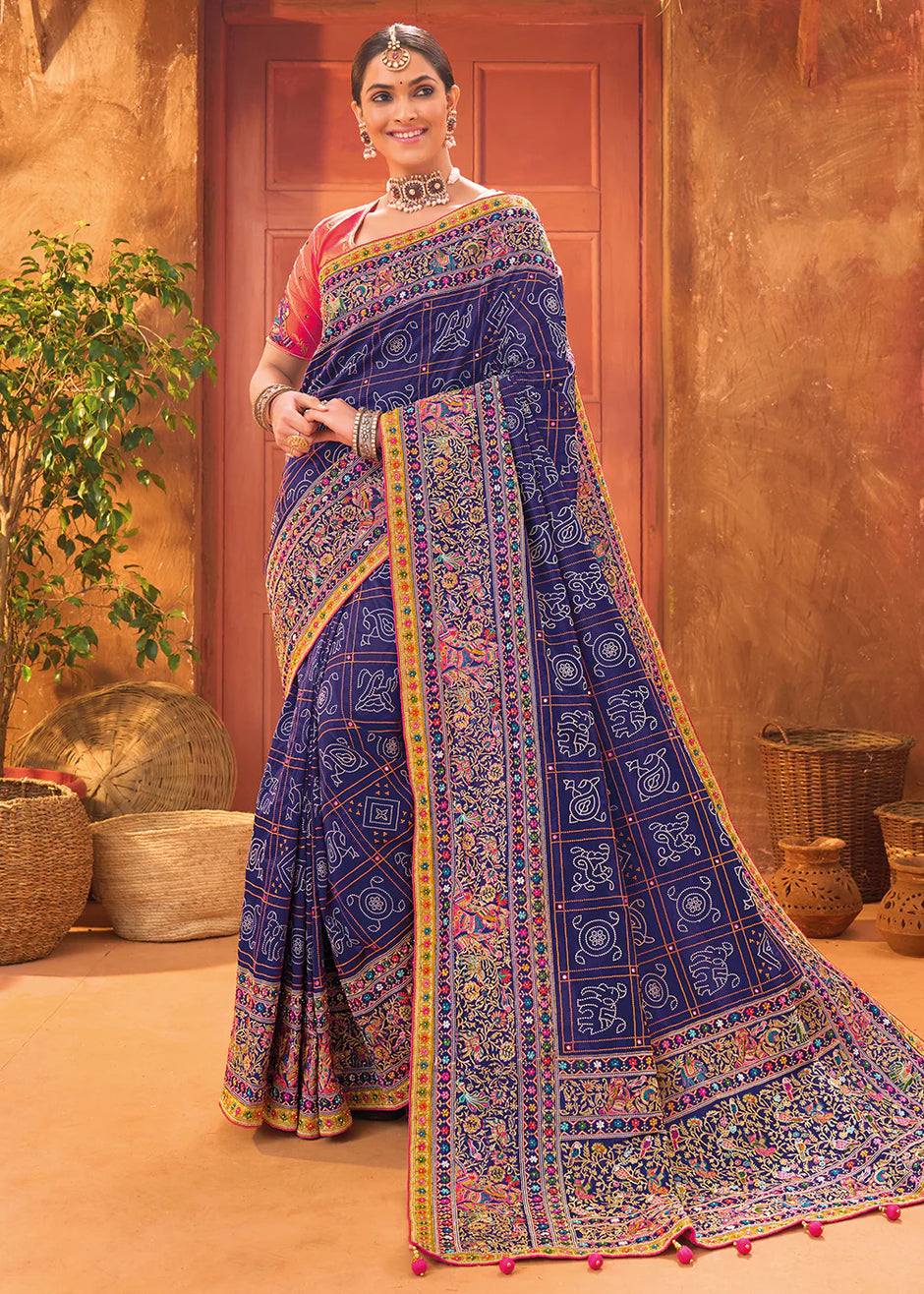Bridal Wedding Blue Kacchi Work Banarasi Silk Saree