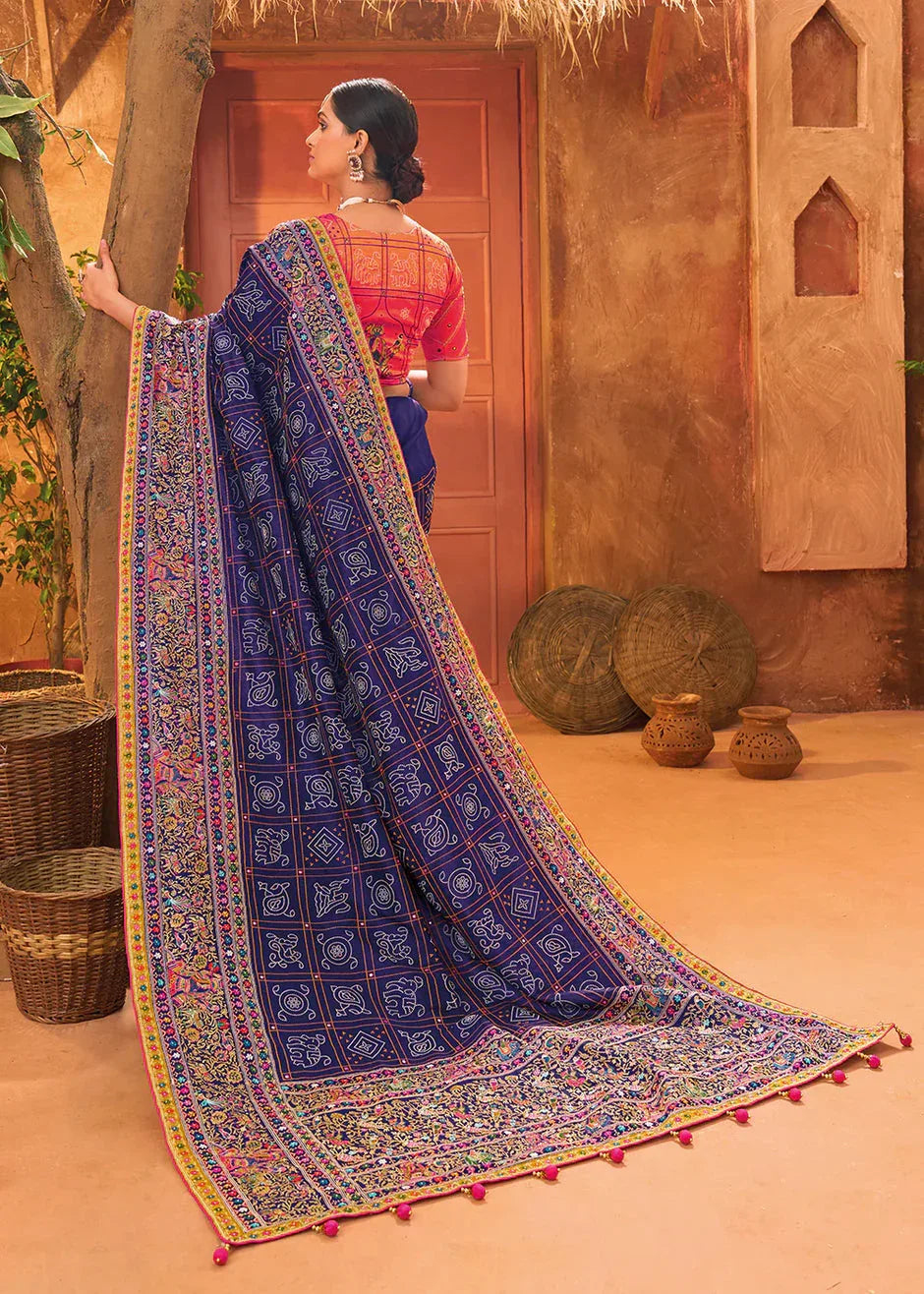 Bridal Wedding Blue Kacchi Work Banarasi Silk Saree