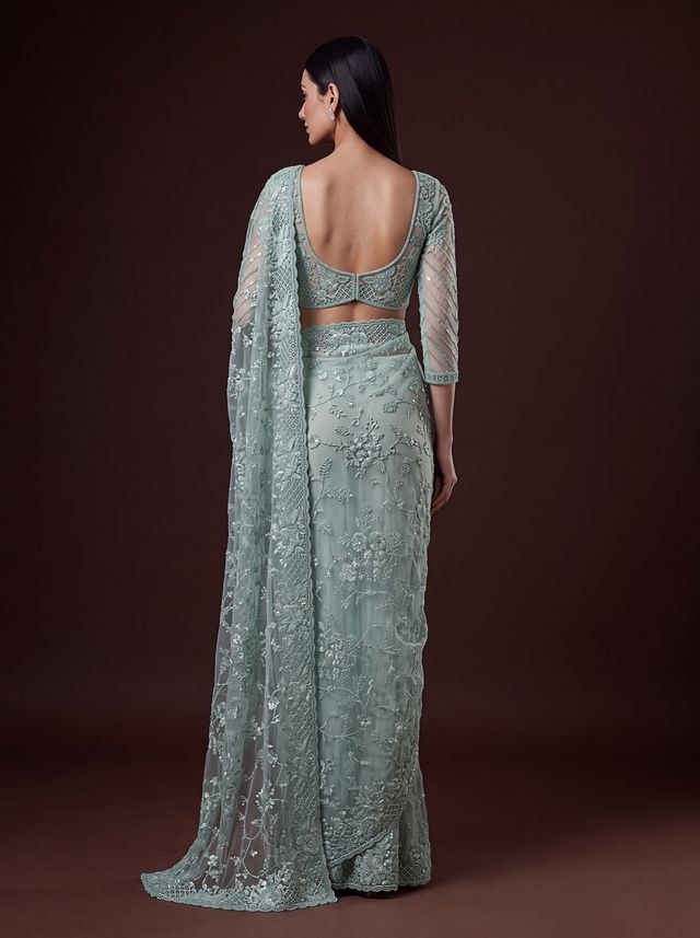 Sea Green Pure Premium Net Handwork Kasti &amp; Motif Zari Metallic Sequins Work Wedding Saree