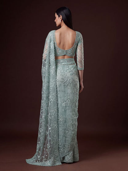 Sea Green Pure Premium Net Handwork Kasti &amp; Motif Zari Metallic Sequins Work Wedding Saree