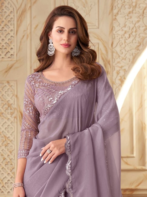 Lavender Pure Georgette Burberry Silk With Floral Sequins Saree ##color## Georgette Saree with premium fabric and embroidery