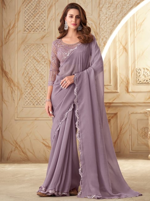 Lavender Pure Georgette Burberry Silk With Floral Sequins Saree 
