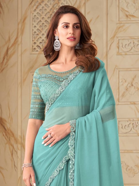 Turquoise Pure Georgette Burberry Silk With Floral Sequins Saree 