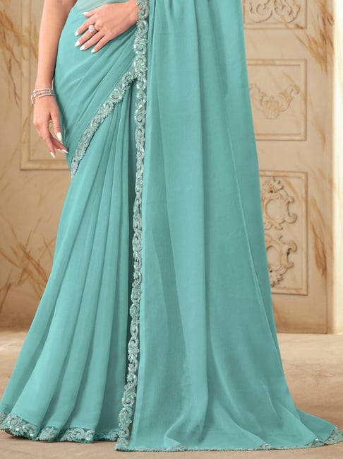 Turquoise Pure Georgette Burberry Silk With Floral Sequins Saree 